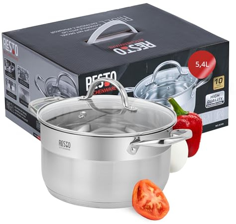 RESTO Edelstahl 18/10 Kochtopf Suppentopf Bratentopf - für alle Herdarten - Topf mit hitzebeständigem Glasdeckel, Messskala und nicht wärmeleitenden Griffen, Geschenkkarton 5,4 l