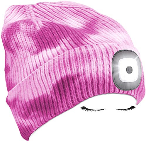 Morye LED Mütze mit Licht, Laufmütze Herren Damen Kappe Lampe USB Nachladbare 4 LED Scheinwerferkappe für Warm Cap mit LED Licht für Jogging,Camping,Angeln,Walking/Tie Dye Rosa