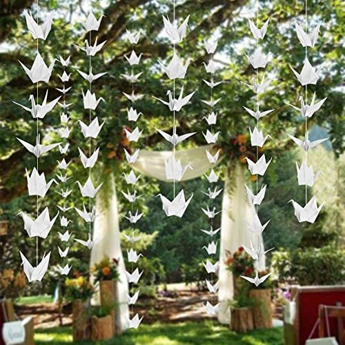 Origami-Papierkranich-Girlanden für rustikale Hochzeits-Party-Dekorationen, Origami-Kraniche, gefaltete Vogelschlangen, 10 Strings, 15 cm, Weiß