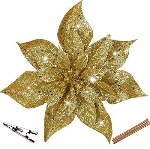 8 Pezzi Grandi Glitter Stella di Natale 23 cm Oro - Fiori Artificiali Con Clip, Ornamenti Floreali per Albero, Vacanze, Matrimoni, Capodanno, Halloween
