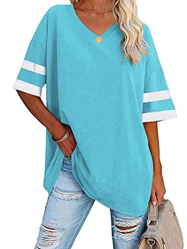Famulily Short Sleeve Half Sleeve Tops for Women UK Soft Casual V Neck Oversized Baggy Tshirts Blue XL