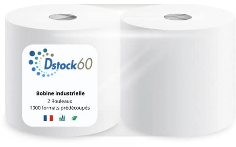 DSTOCK60 - Lot de 2 bobines industrielles blanches 1500 formats - 2 plis pure ouate