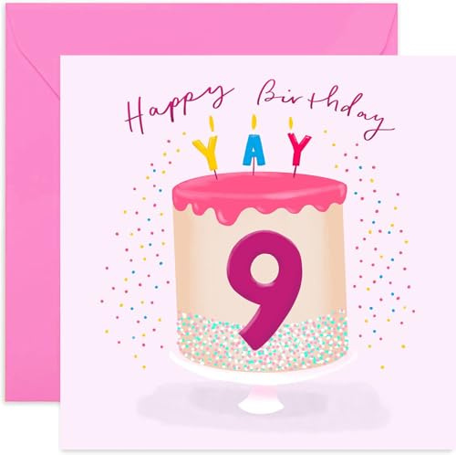 Geburtstagskarte zum 9. Geburtstag, Motiv Old English Co. Pink Cake, für Tochter, Enkelin, Nichte, blanko Innenseite und Umschlag