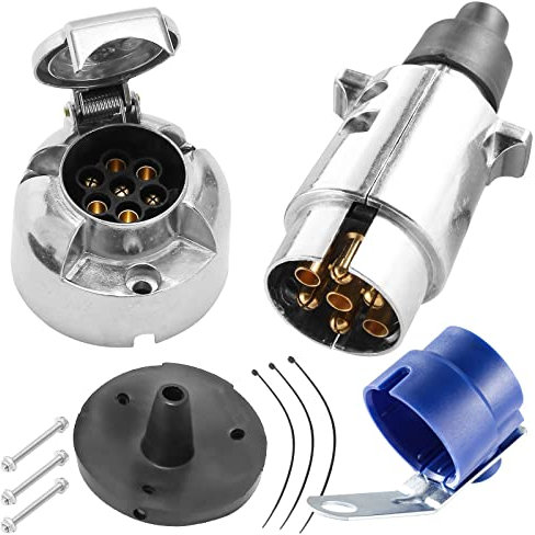 7 Pin Trailer Plug and 7 Pin Trailer Socket Metal Aluminium Alloy 12v 7pin Electric Trailer Plug Male Female,7pin Trailer Connector Adapter w/ Waterproof Seal and Plug Holder,Caravan Towing Plug 7pin