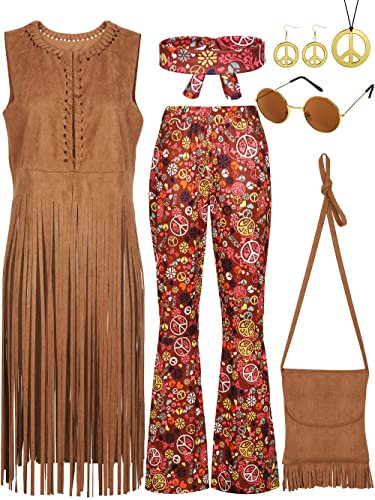 SOMSOC 7 Stück 70er Jahre Frauen Hippie Kostüm Set Enthält Fransen Weste Tasche Hose Stirnband Friedenszeichen Halskette Ohrringe Sonnenbrille für Halloween (Braun), L, (UA5257)
