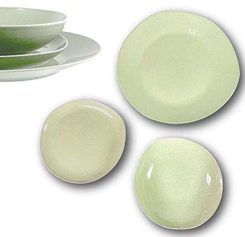 Set Piatti Arca Soho Verde, Piatti Irregolari Moderni da Tavola di Ceramica - Colore Verde, 18 Pezzi - Dimensione 30cm e 22cm