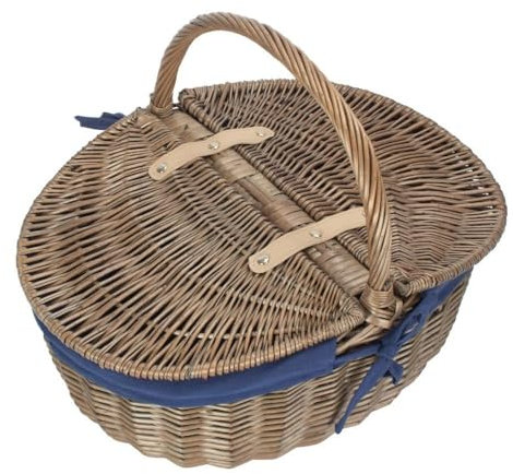 Red Hamper EH001N Wicker Antique Wash Finish Oval Picnic Basket with Blue Lining