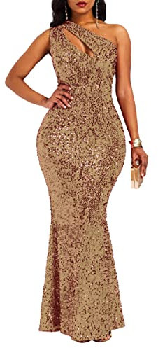 VERWIN Sequins Fashion Sleeveless Oblique Collar Mermaid Women's Maxi Dress Bodycon Dress Party Dress Camel XL