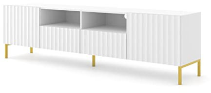 Homlando TV-Schrank Wave 200 cm 2D2S mit gefräste dekorierte MDF-Fronten auf Metallbeinen Lowboard, Sideboard, TV Kommode mit 2 Türen, 2 Schubladen und 2 Regalen (Weiß Matt)