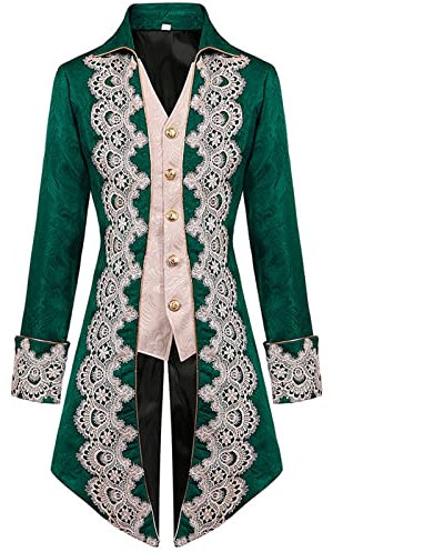Duohropke Men's Long Sleeve Cosplay Gothic Men's Long Steampunk Embroidered Vintage Tailcoat Medieval Jacket Gothic Prince Victorian Frock Uniforms, Green, L