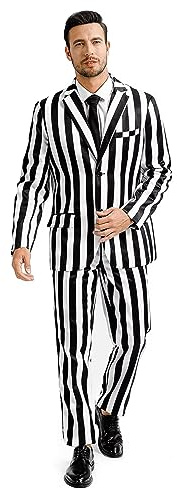 Fashonal Herren 3-teiliger Halloween-und Weihnachtsanzug, Jacke mit zwei Knöpfen, Hose und Krawatte, Schwarz und Weiß gestreift, L