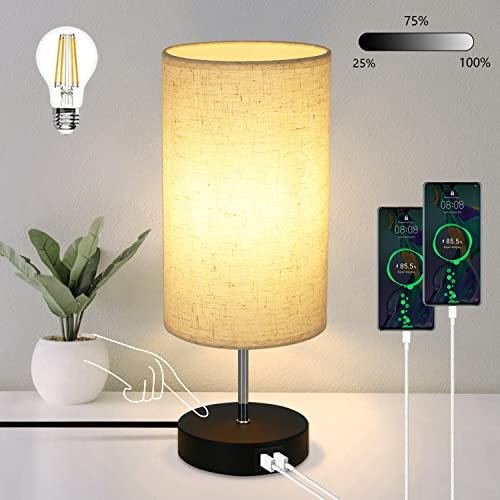 Glitzerlife Nachttischlampe Touch Dimmbar Tischlampe Wohnzimmer - Ladefunktion Nachttischleuchte Schwarz Vintage Tischleuchte Aufladbar USB Nachtlicht Modern E27 Stoff Bettlampe für Schlafzimmer Büro