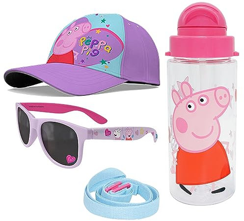 Kinder Schule Sommer Caps, Wasserflasche und Sonnenbrille, (Peppa Pig Hellrosa), 3-7 Jahre