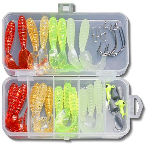 Steinn Gummifisch Set mit Haken und Offset Jigköpfe Angel Köder Set Barsch Zander Hecht in Box (32pc-Texas Rig)
