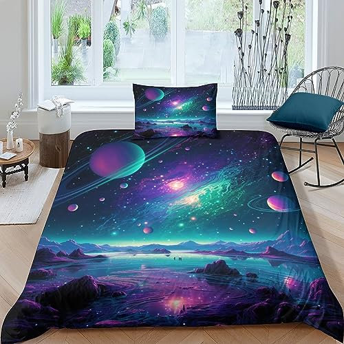 AYSUM Galaxy Planet Bettwäsche 135x200cm, Atmungsaktiv Bettwäsche Weltall Kinder, Universe Bettbezug Single, Kids Weltraum Thema Bett