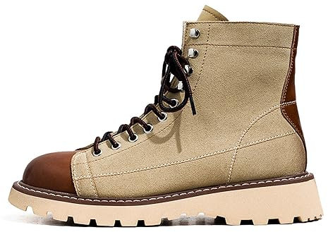 MANLADUO Stivali da lavoro alti da uomo in stile britannico: vera pelle, suola spessa, stivali da trekking vintage, Beige, 40 EU