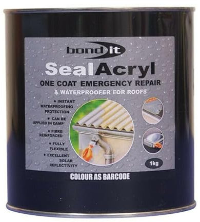 Bond It 1KG Seal Acryl Roof Repair Fibre Paint Roofing Waterproof Emergency Sealacrylic One Coat Emergency WATERPROOFER Breathes Membrane (Grey)