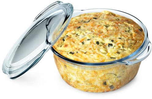 KADAX Auflaufform aus hitzebeständigem Glas, feuerfestes Gefäß, Glasbräter mit Deckel und Griffe, Geschirr zum Braten, Backofen, Elektroherd, für Lasagne, Fleisch, transparent (rund 2,15L)
