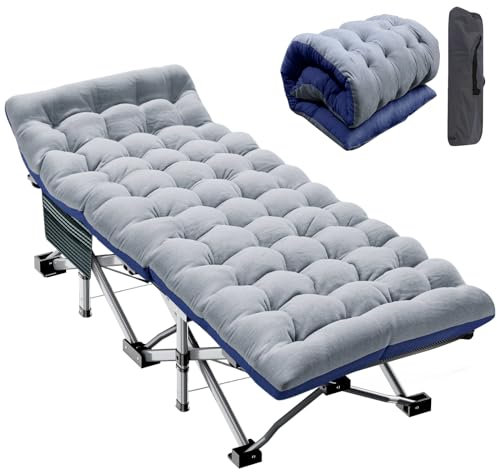Meulbaty 190x71x36CM Lit de Camp Pliant pour Adultes Camping en Plein air avec Coussin et Poche latérale, Cadre en Acier + Tissu Oxford