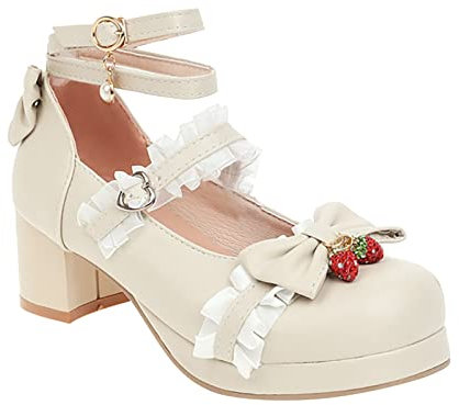 Bellissime scarpe da principessa per ragazze grandi con lacci, in materiale pu, decorate, con tacchi spessi, per feste, matrimoni, balli di fine anno, per bambini, bianco, 34 EU