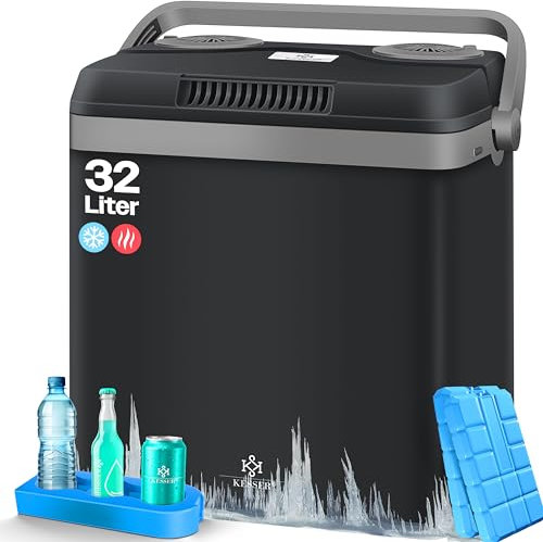 KESSER® Nevera eléctrica portátil de 32 L 12 V, Enchufe de 230 V | ENFRÍA y CALIENTA | Refrigerador Termoeléctrica | con 2X acumulador de frío Negro Gris