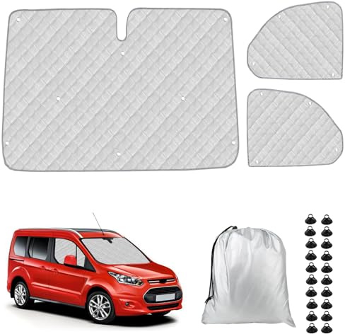 Parasol para Parabrisas Compatible con Ford Transit Connect 2012-2021, 3 Piezas Juego de Protector de Parabrisas, Juego de Ventana de Persiana Térmica Interior con Bolsa Almacenamiento