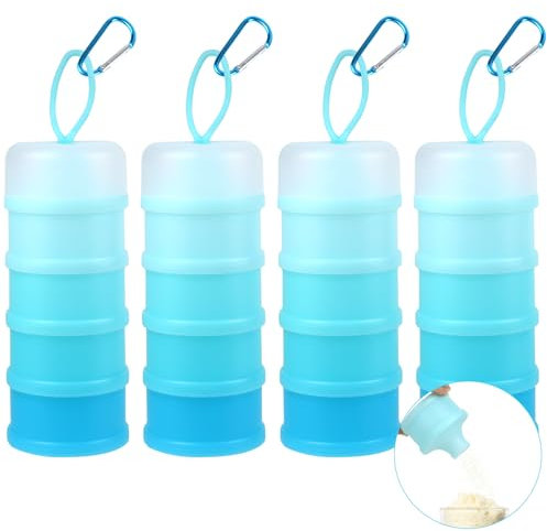 Boocalny 4 Pack Protein Powder Container,Formula Dispenser On The Go, 4 Stackable Protein Powder Dispenser with Funnels,Portable& Leakproof Keychain Protein Powder Container for Fitness Travel (Blue)