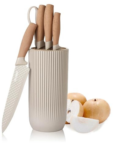 Knife Set, 6-Piece Khaki Professional Kitchen Knife Set for Chef, Super Sharp Knife Set with Universal Knife Block, Anti-Rust Stainless Steel Kitchen Knife Block Set, Ergonomical Design (Khaki)