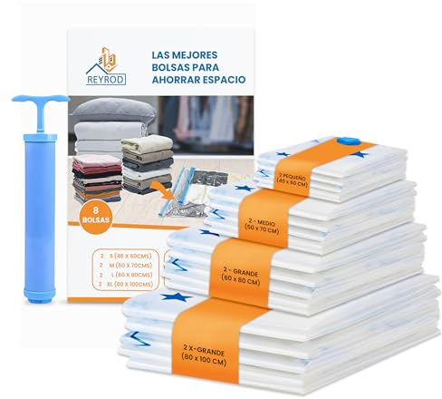 Bolsas Vacío Ropa 8 piezas, Bolsa de Almacenaje para Ropa con Bomba manual, Ahorra Espacio Bolsas para Guardar Ropa, Mantas, Edredones, Sábanas y más
