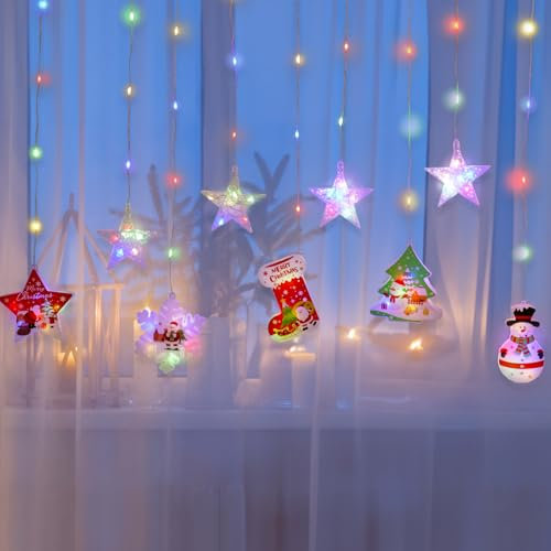 RECUTMS Christmas Curtain String Lights Hanging 15.7FT LED USB Operated Fairy Light 8 Flashing Modes Double-Sided Display Pendants for Xmas Tree Home Window Party New Year Outdoor Indoor(Colorful)