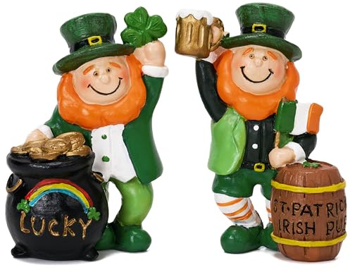 Valery Madelyn St. Patricks Day Kobold-Gartenfigur, Heimdekoration, irisches Glückstablett, Dekor mit Kleeblatt, grüner Mini-Zwerg aus Kunstharz, Heiliger Patricks-Tag, Geschenk, Dekoration für