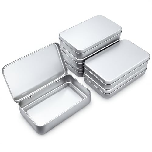Thintinick 6 Pieces Rectangular Metal Hinged Tins, Silver, 15x9x3cm | Empty Containers, Home Storage Organiser, Mini Box Set, Basic Necessities