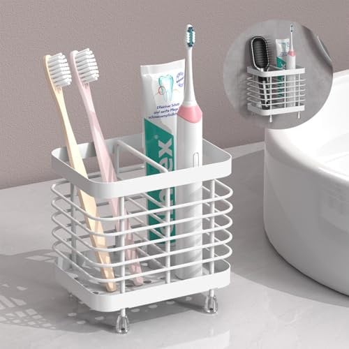 Luxspire Zahnbürstenhalter, Edelstahl Elektrischer Zahnbürsten Halter, Wand Ohne Bohren Zahnbürsten Caddy mit Abflusslöchern für Zahnpasta Organizer Bad, Zahnbürstenköpfe Halter, Weiß