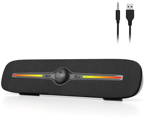 SOULION R90 Computer Speaker for Desktop, USB Powered PC Bluetooth Speakers with LED Lights, 3.5 mm AUX Wired Small Sound-bar for Laptop Smartphones