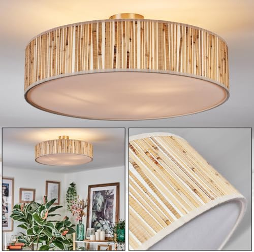 HOFSTEIN Deckenleuchte Foggia, Deckenlampe aus Metall/Bambus/Stoff/Kunststoff in Nickel-matt/Naturfarben/Weiß, runde Boho Leuchte (Ø 50 cm), E27, Esszimmer, Wohnzimmer, Schlafzimmer, Küche, Flur