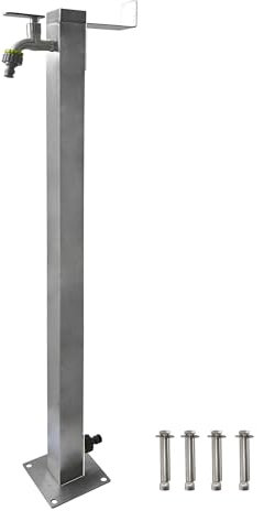 Elbe Colonna d'acqua da giardino, in acciaio inox, 87 cm, quadrata, colonna da giardino, resistente al gelo, rubinetto da giardino, colonna con supporto per tubo, filettatura esterna G1/2, con due