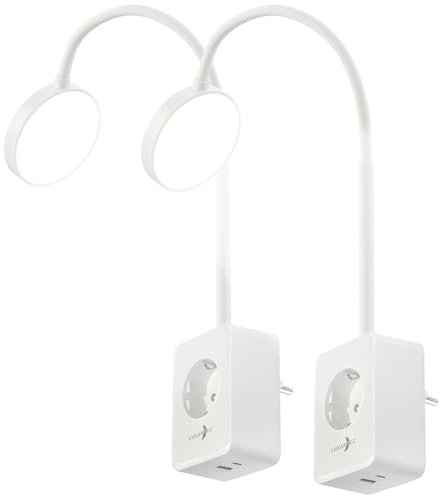 Lunartec Schwanenhals Lampe: 2er-Set Dimmbare CCT-LED-Steckerleuchten mit Steckdose, weiß (Leselampe Buch, Steckdosenlampe LED, iPhone Ladekabel)