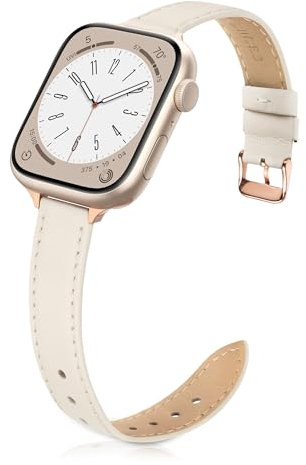Tuocal Schmal Lederarmband Kompatibel mit Apple Watch Armband 38mm 40mm 41mm 42mm(Series 10), Schlank Echtes Leder Armband für iWatch Series 10 9 8 7 6 5 4 3 2 1 SE Damen, Elfenbein Weiß & Roségold