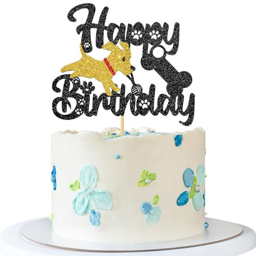 Dog Happy Birthday Cake Topper - Pet Dog Puppy Birthday Cake Supplies - Let's Pawty - Baby Shower Kid Bday Party Decorations - Black Glitter