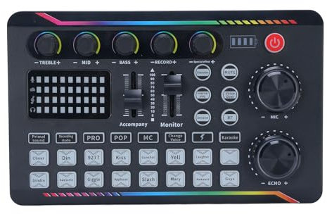 Live Sound Card Audio Mixer, Interface Audio Podcast avec Effets de Mixage DJ, Changeur de Voix avec Effets Sonores pour le karaoké Live Streaming Record Gaming