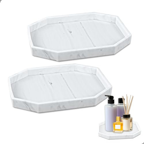 2 Bathroom Storage Tray, White Marble Tray with Multifunctional Bathroom Storage Tray for Vanity Tray for Living Room, Kitchen and Bathroom Perfume Jewellery