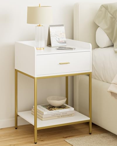 HEYZOEY Nachttisch weiß, 3-Tier Nachttisch modern Kleiner Nachtschrank Beistelltisch mit schublade und Regal für Schlafzimmer, Wohnzimmer, weiß mit Goldbein (Groß)