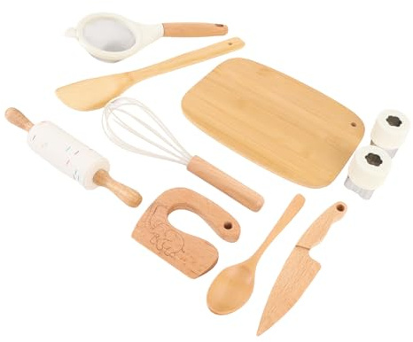 ZASCHMOY Ensemble d'accessoires de Cuisine en Bois 10 pièces pour Enfants dès 3 Ans – Planche à découper + ustensiles en hêtre certifié, sûr et éducatif