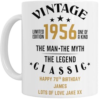 70th Birthday Gift for Men Him - Personalised 70th Birthday Mug, 1956 Vintage The Man The Myth The Legend Design, White Ceramic