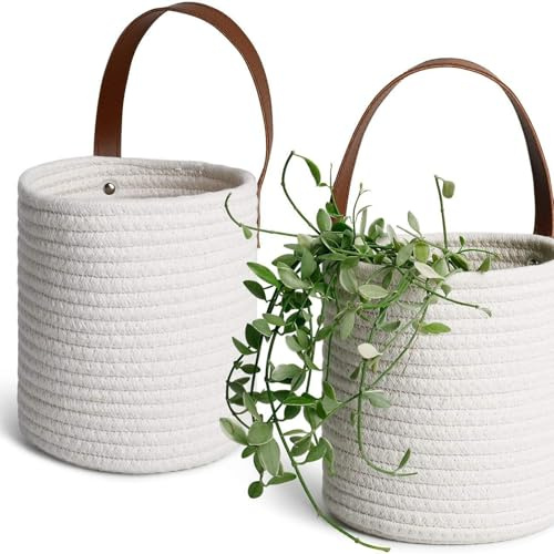 2er Set Hängekorb Kleiner Korb Aus Baumwollseil, Wandkörbe Zum Aufhängen | 16x18cm Geflochten Aufbewahrungskorb Mit PU-Leder Griff, Wandorganizer Hängende Pflanzkorb für Bad, Küche & Zimmer(Weiß)