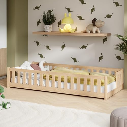 Kids Collective Kinderbett Bodenbett mit Rausfallschutz & Lattenrost Montessori Bett Bed Gitterbett Kinder Jugendbett Einzelbett | 90x190 cm | Natur