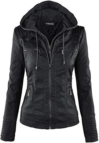 Newbestyle Faux Leather Jacket for Women Hooded Moto Biker Jacket Full-zip Long Sleeve Outwear Tops Black S