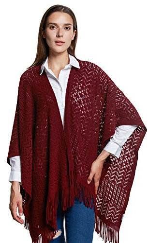 Soul Young Damen Stricken Stola Große Größen Warm Weich Poncho Shawl Cardigan Kimono(One Size,Rot)