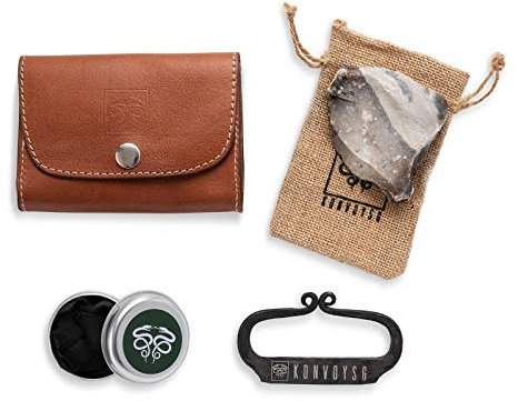 KonvoySG Carbon Steel Fire Striker, English Flint Stone & Char cloth Traditional Hand Forged Fire Starter, Leather Gift Kit With Emergency Tinder Jute Bag (TAN LEATHER KIT)