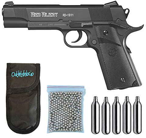 Outletdelocio Pistola Perdigón Gamo Red Alert RD-1911. Calibre 4,5mm BBS, Funda Portabombonas, Balines y Bombonas co2, 23054/29318/13275